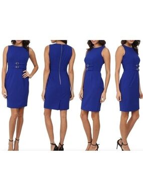 Calvin Klein Sleek Royal Blue Sheath Dress with Waist Buckle Detail